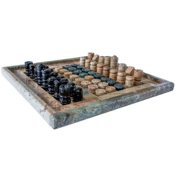 Jogo de xadrez e dama com caixa – Portal Pedra Sabão
