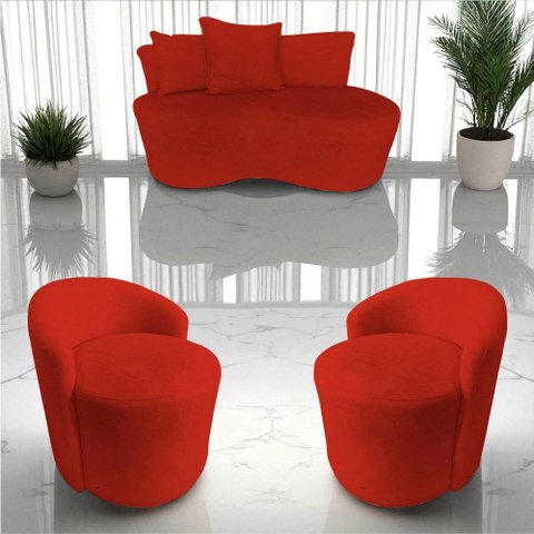 Kit Namoradeira + 2 Poltronas Yara Orgânica Couro Vermelho