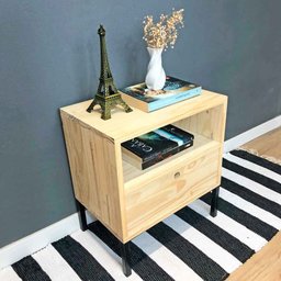Mesa Lateral Prateleira e Gaveta com pé Style de Ferro e Madeira Industrial Natural e Preto - 2
