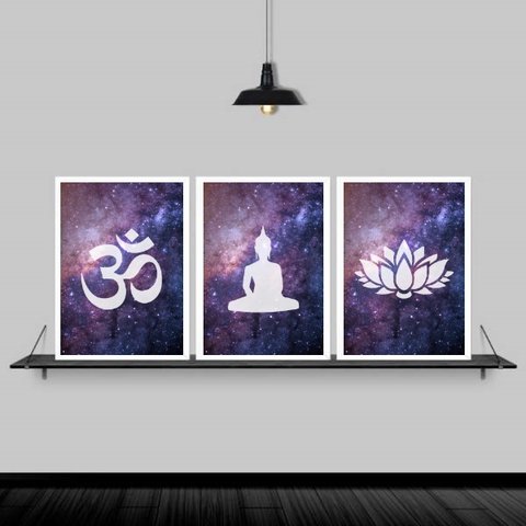 Kit 3 Quadros Decorativos Zen Buda Universo 45x34cm:Madeira branca
