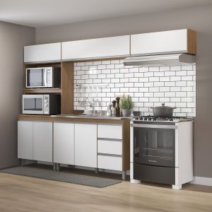 Cozinha Modulada Pequena com Balcão Pia Sabrina 280x202 Cm 4 Peças Mdp Branco Menu