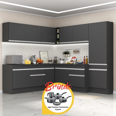 Cozinha Completa de Canto Veneza Mp2102 Multimóveis Preto/branco + Brinde Jogo de Panelas Tramontina