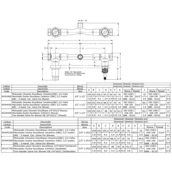 Misturador Roscável Chuveiro Docol Base 1/2" Ou 3/4" Latão - 2