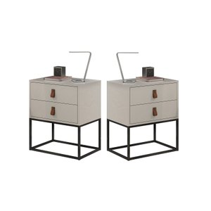 Conjunto 2 Criados Estilo Industrial com Puxadores de Couro