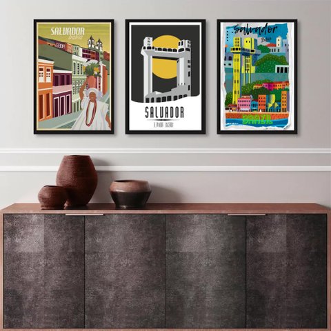 Kit 3 Quadros Posters Salvador Bahia 33x24cm - com Vidro:madeira Branca