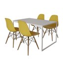 Ver imagem 6 de Mesa Industrial Base Ferro Branco 137x90 Tampo Branco 4 Cadeiras Eiffel Madeira Assento Amarelo