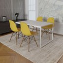 Ver imagem 1 de Mesa Industrial Base Ferro Branco 137x90 Tampo Branco 4 Cadeiras Eiffel Madeira Assento Amarelo