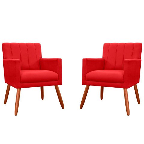 Kit 2 Poltronas Decorativa Cecília Couro Vermelho Pés Madeira Mz Decor