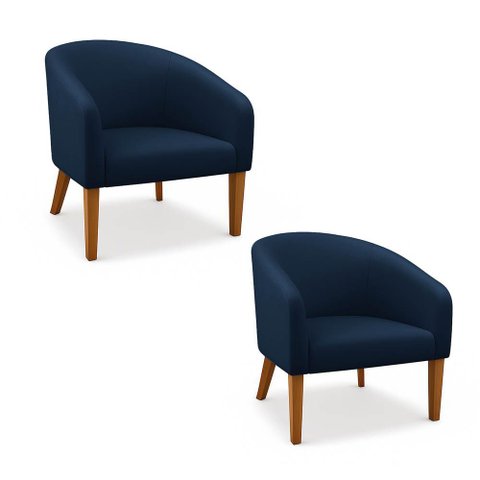 Poltrona Sala Decorativa Kit 2 Stella Pé Madeira Trapézio Castanho Suede Azul Marinho D03 - D’Rossi