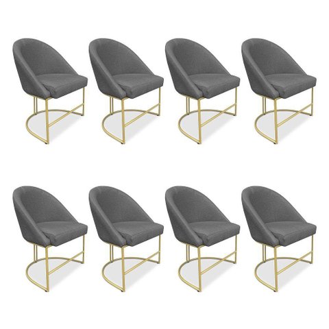 Kit 08 Cadeiras Poltrona de Jantar Bela Linho Grafite Base Metálica Industrial Dourado - Pallazio