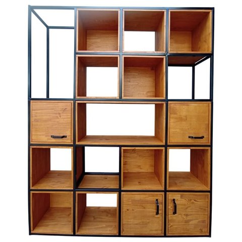 Estante para Sala com Nichos Modelo Industrial - Ferro Preto e Madeira Tonalidade Castanheira