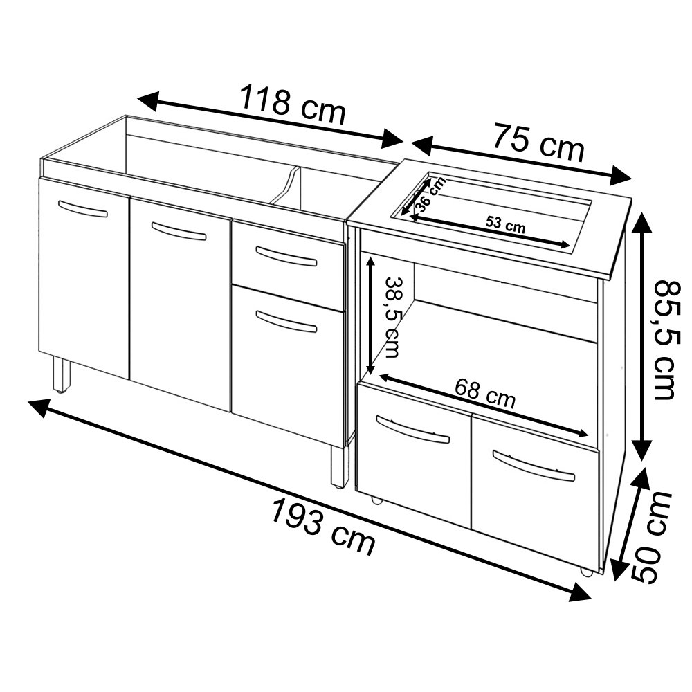 Cozinha Armário Balcão Gabinete de Pia Aline 120 Cm e Balcão Evelyn para Fogão Cooktop 4 Bocas e For - 6