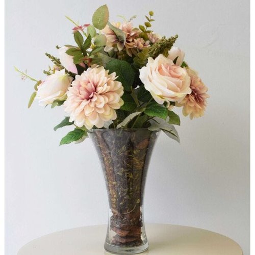 Flores artificiais Arranjo de Rosas e Dálias no Vaso de Vidro|Linha  permanente Formosinha | MadeiraMadeira