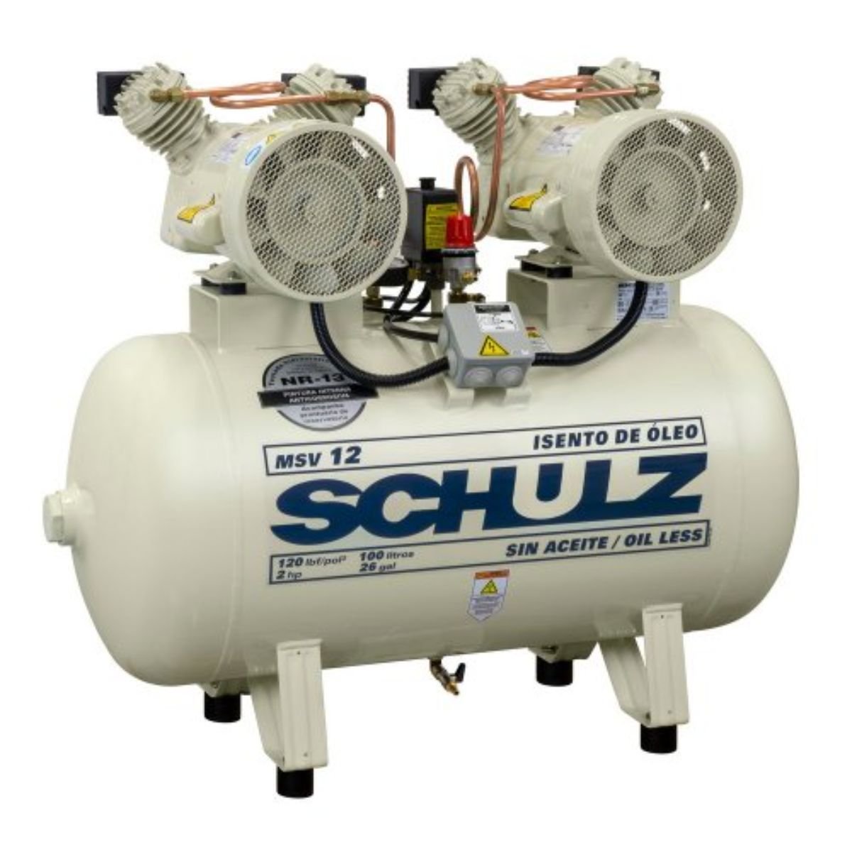 Compressor Schulz Msv 12 100 Litros 120 Libras 2 Cv 220v Monofásico Isento de Óleo