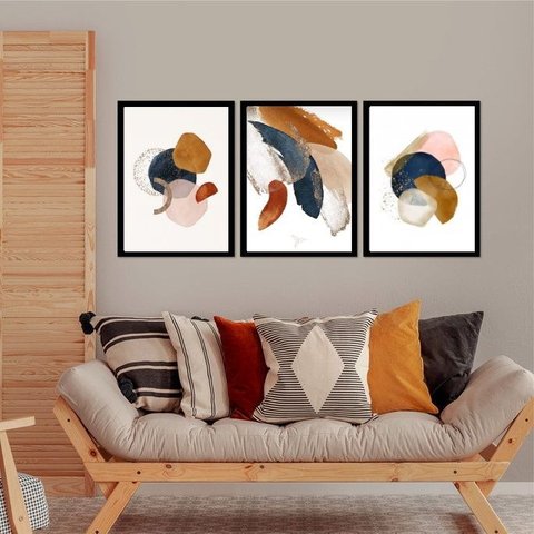 Kit 3 Quadros Decorativos Abstratos Sofisticados 33x24cm:moldura Preta