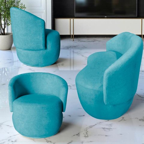 Kit Namoradeira + 2 Poltronas Decorativa Beatriz Orgânica Suede Azul Turquesa
