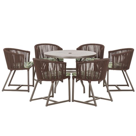 Mesa com 6 Cadeiras de Jantar Roma 120cm e Noronha em Alumínio Marrom Corda Náutica Estofado 5 Trama