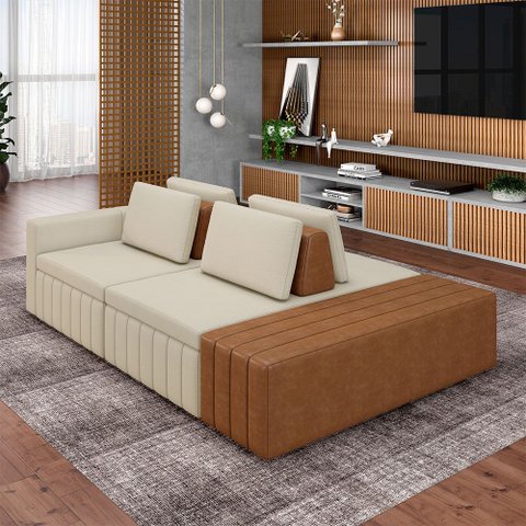 Sofá Ilha com Encosto e Almofadas Móveis Olimpo 265cm Modulado Linho/pu Bege/caramelo G45 - Gran Bel
