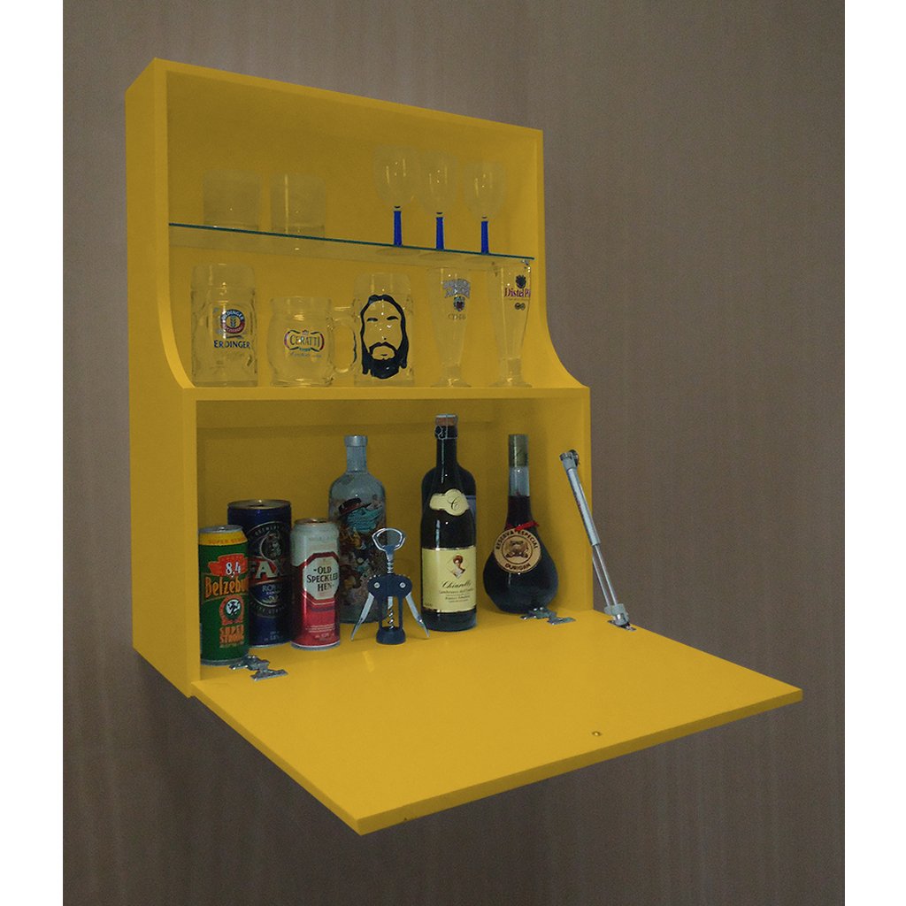 Mini Bar Adega Armário Suspenso para Bebidas Copos e Taças Porta Basculante Amarelo Laca - 2