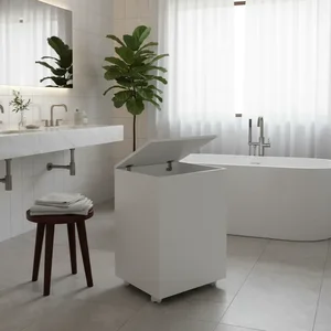 Cesto de Roupas Baú Roupeiro Tulha com Rodízios Banheiro Lavanderia Branco