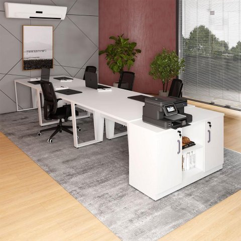 Plataforma Trabalho 1,20m P/ 6 Pessoas com Armário F5 Office Cor:branco
