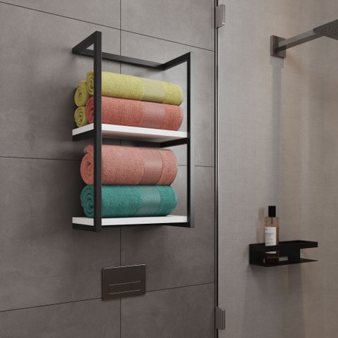 Toalheiro para Banheiro Estilo Industrial Sahy - Preto e Prateleira Branca