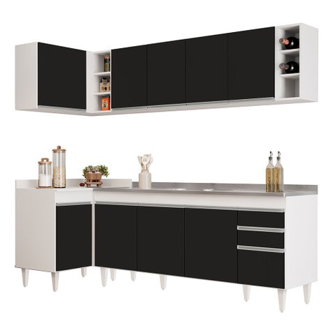 Armário de Cozinha Modulado de Canto Direito 5 Peças Cp45 com Pia Inox Branco/preto - Lumil Lumil Mó