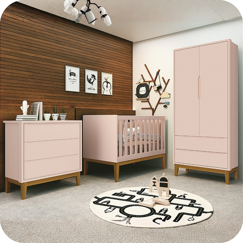 Quarto de Bebê Guarda Roupa Classic + Cômoda 3 Gavetas Madeira Rosa Fosco