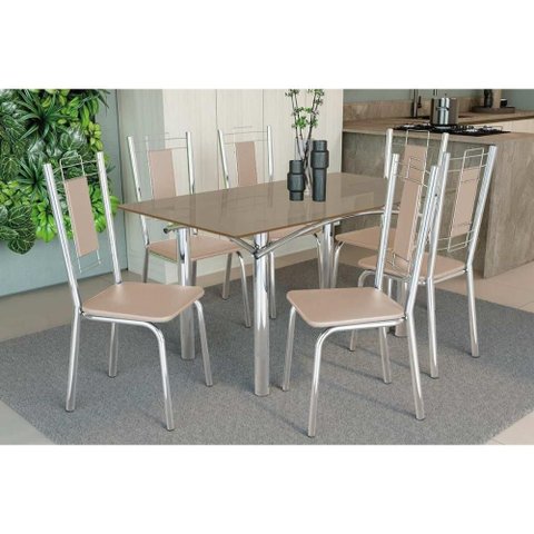 Conjunto: Mesa Sala Jantar Elba Tampo Madeirado C/ Vidro 160cm e 6 Cadeiras Florença Cromada/freijo