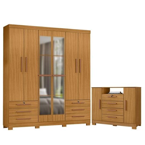 Cômoda Madri e Guarda Roupa Casal Londres com Espelho Carvalho Americano Tx -incorplac