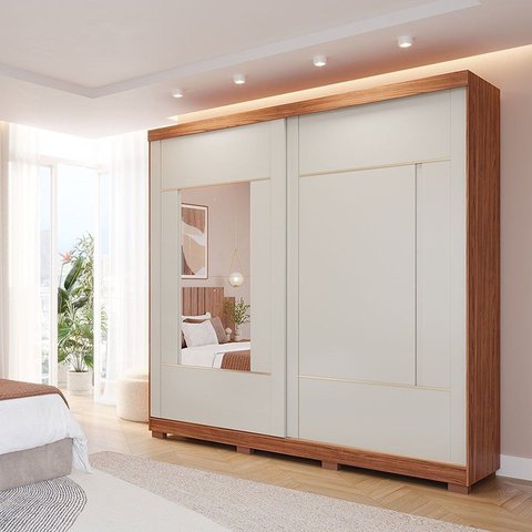 Guarda-Roupa Casal 230cm 2 Portas de Correr com Pés e 2 Espelhos MDF Talin Bege/Cinamomo/Off White
