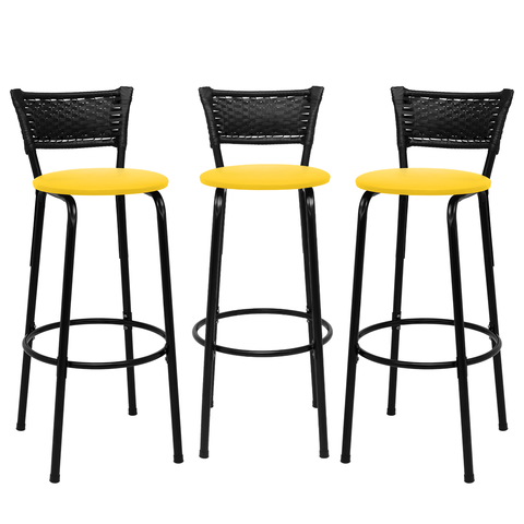 Kit 3 Banquetas para Bancada Banco Alto Junco Preto Balcão Cozinha Gourmet Bar Área de Lazer Piscina