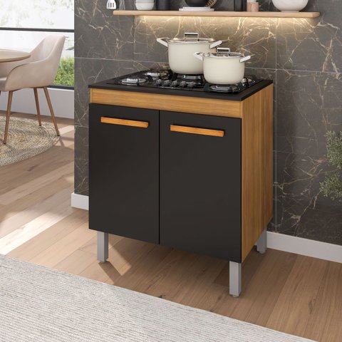 Balcão 75,5cm para Cooktop 5 Bocas Cor Freijó Preto Pés Reguláveis Prateleira 2 Portas