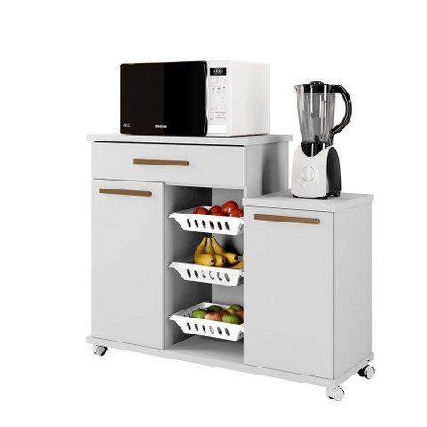 Fruteira Teresina 2 Portas 1 Gaveta MDF-MDP 107cm Branco com 3 Cestos e Rodízios Arte Móveis