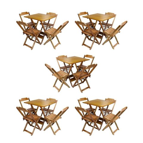 Kit 5 Conjuntos De Mesa Dobravel Com 4 Cadeiras De Madeira 70X70 Para Restaurante E Bar - Mel
