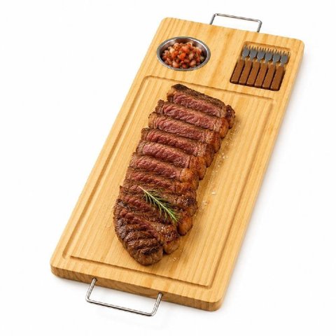 Tábua de Churrasco com Molheira e Garfinhos Kit em Madeira de Pinus para Servir Petiscos e Carnes