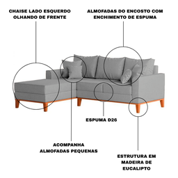 Sofá 3 Lugares Beny com Chaise Esquerdo Linho Cinza - 6