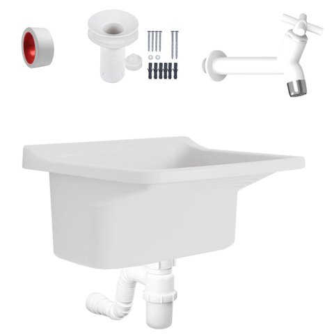 Tanque Plástico 34l para Lavanderia Branco + Sifão Copo Universal Sanfonado + Veda Rosca + Torneira