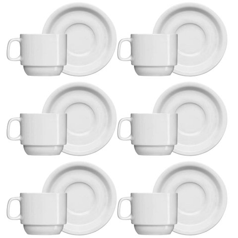 Jogo 6 Xícaras de Chá com Pires de Porcelana 215ml Classe Única Iguaçu Germer Branco