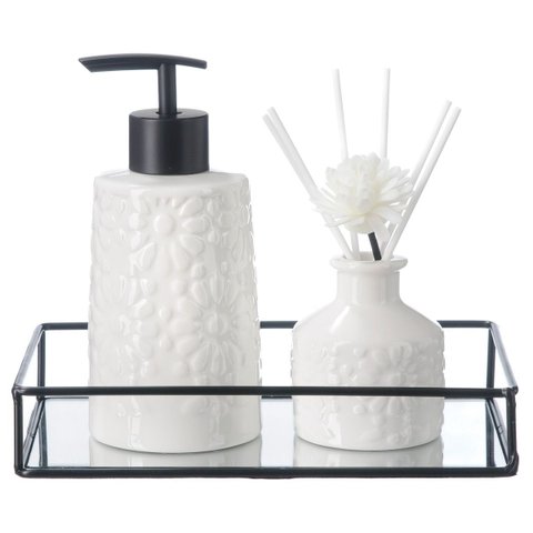 Kit Banheiro Lavabo Bandeja com Espelho Difusor Aromatizador