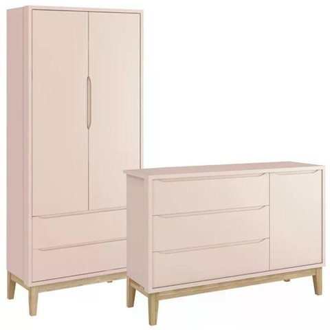 Jogo de Quarto Classic Guarda Roupa 2 Portas e Cômoda MDF Rosa Fosco com Pés Madeira Natural