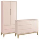 Ver imagem 1 de Jogo de Quarto Classic Guarda Roupa 2 Portas e Cômoda MDF Rosa Fosco com Pés Madeira Natural