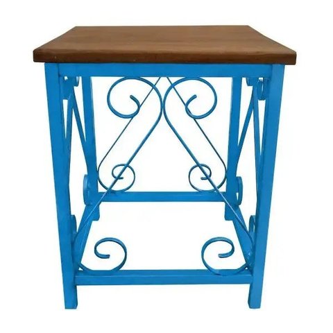 Mesa de Cabeceira De Ferro E Madeira Decoração para Quarto de Casal Colonial - Azul Turquesa