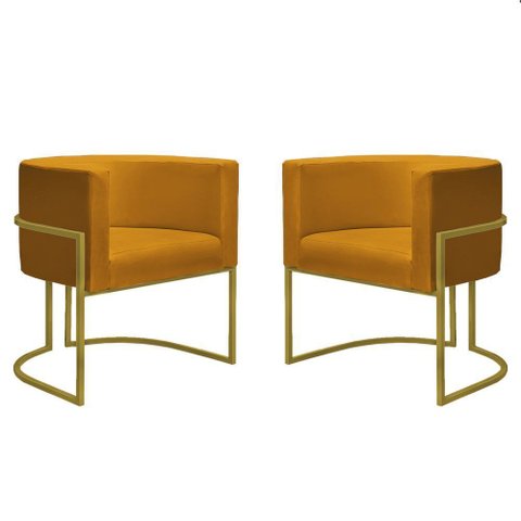 Kit 2 Poltronas Reforçada Decorativa Sala Nayara Base Ferro Dourado Suede Mostarda