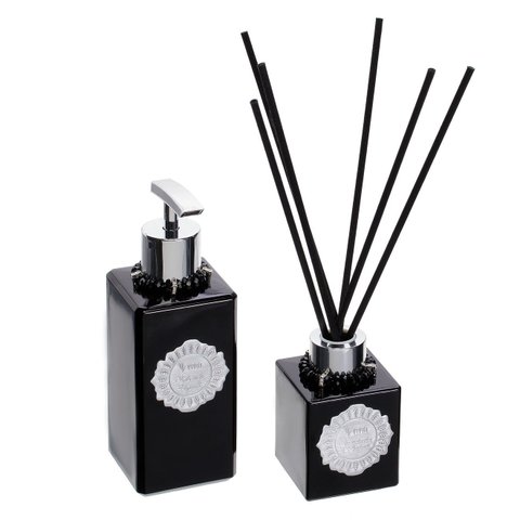 Kit Lavabo 2 Produtos Vidros Pretos Enfeites Prateados - Fragrância: Daslu