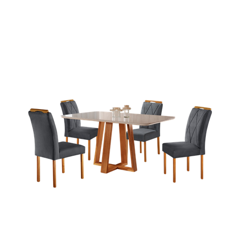 Conjunto Sala de Jantar 4 Lugares Mesa 1.20x0.80 e Cadeiras Madeira Maciça Veludo Cinza Escuro