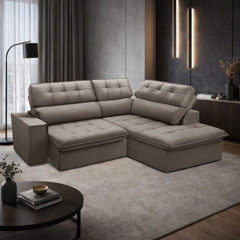 Sofá 3 Lugares Retrátil Reclinável Chaise Direito 243cm Solin F04 Veludo Marrom Claro - Lyam Decor