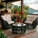 Ver imagem 1 de Jogo 2 Poltronas e Mesa de Centro Tampo de Vidro Aço e Corda Náutica Verde Aruá Courino Branco