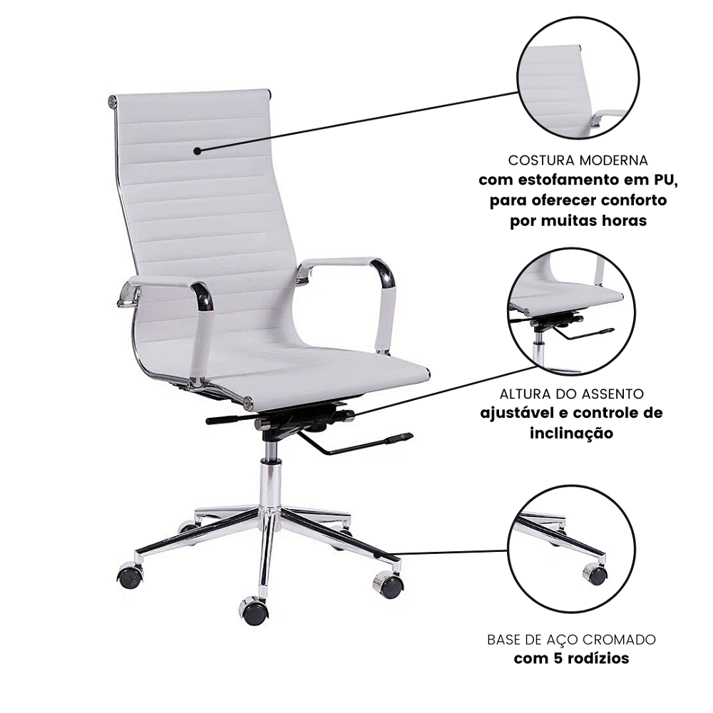 Kit 5 Cadeiras Presidente Esteirinha Escritório Eames Branca - 4
