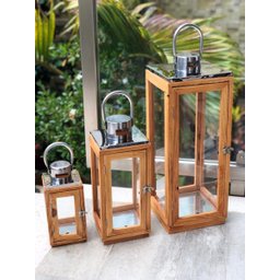 Kit 3 Lanterna Marroquina Madeira Vidro Rústica 48/31/20cm - 2